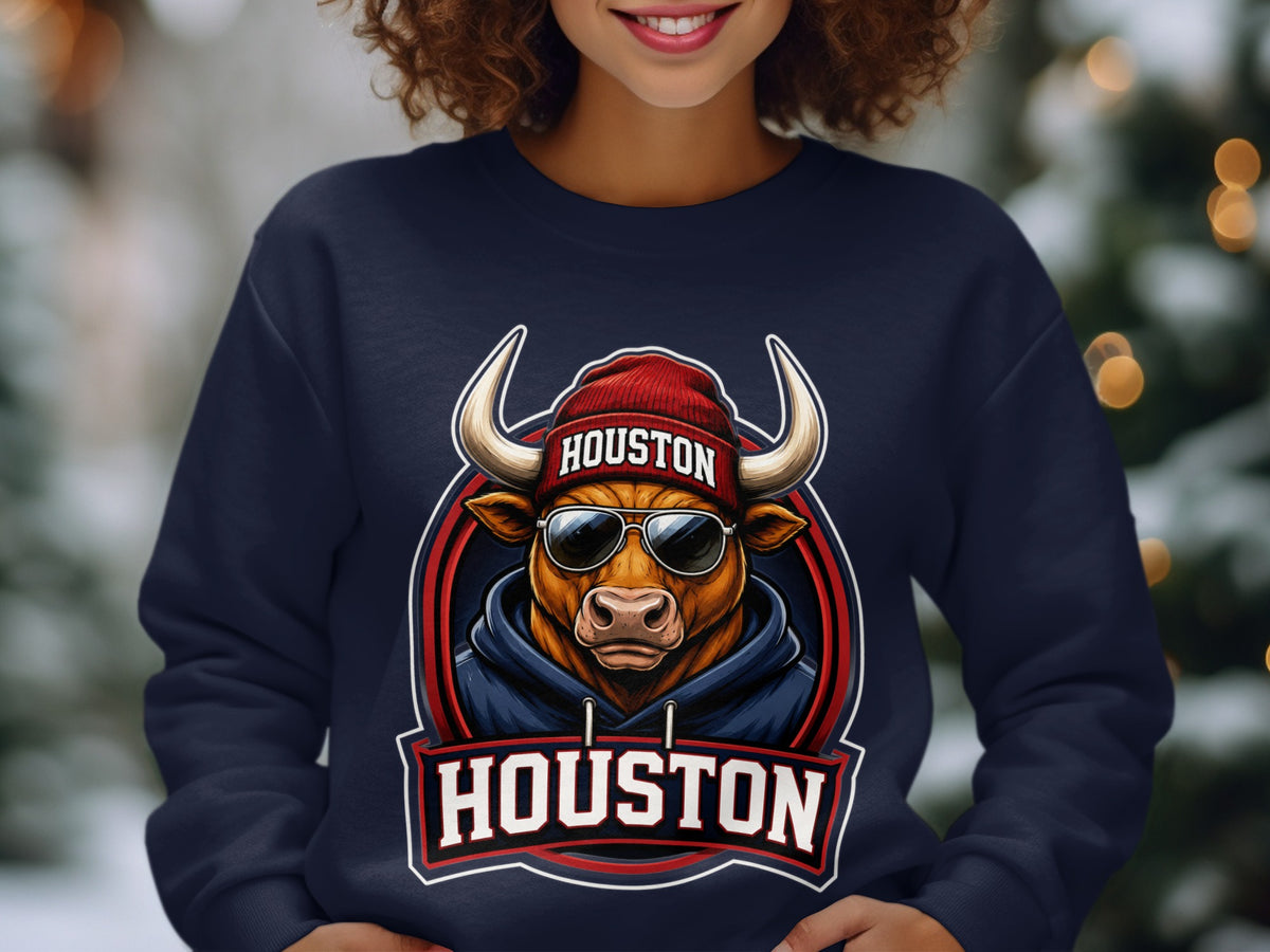 Bull wearing a red beanie and sunglasses with "Houston" text on sweatshirt.
