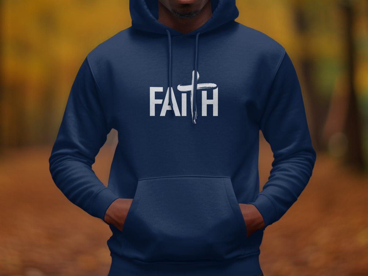 Navy hoodie with white "FAITH" text and a cross.