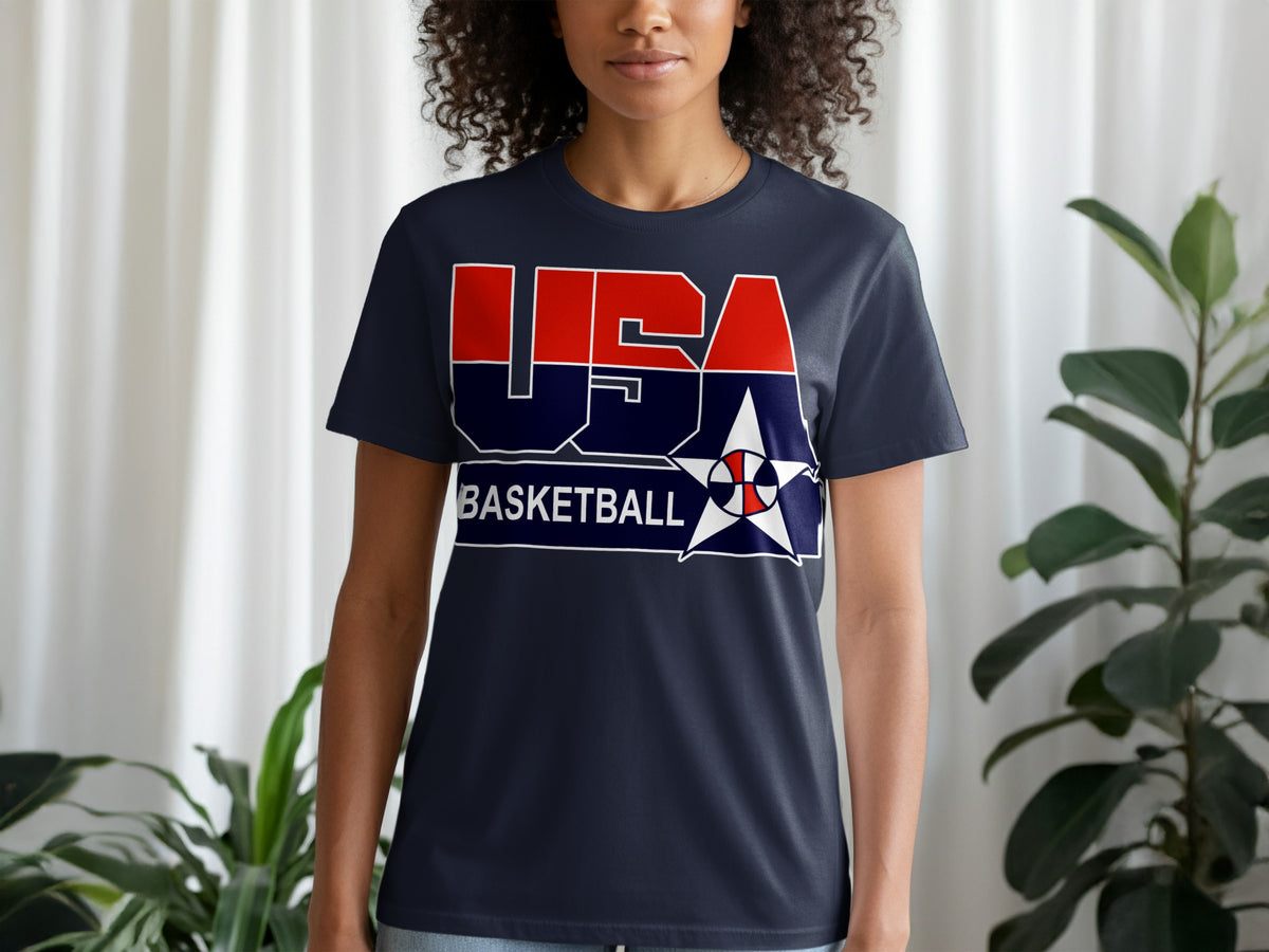 Navy t-shirt with red, white, and blue USA Basketball graphic.