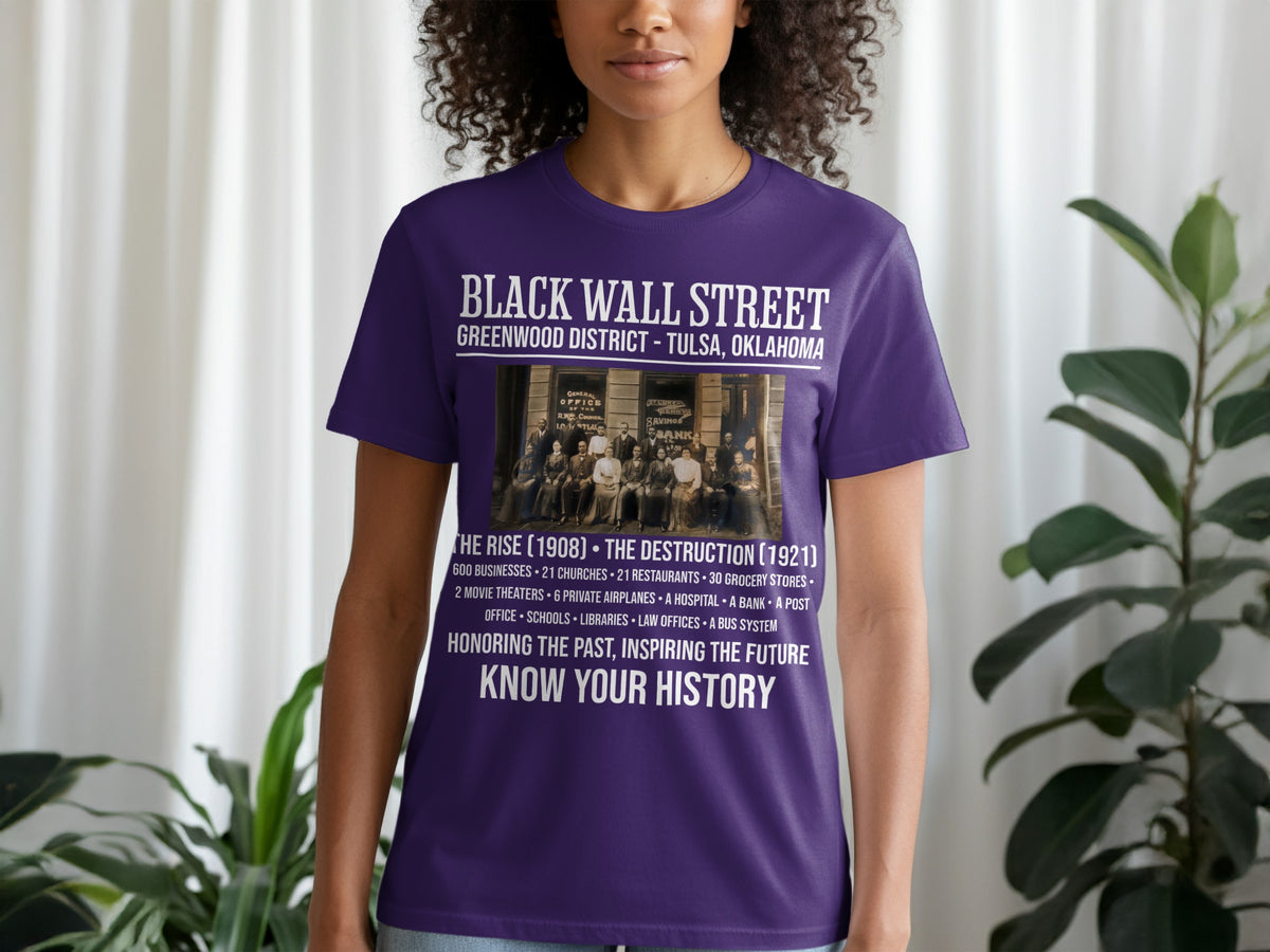Purple t-shirt with "Black Wall Street" and historical details about Greenwood District.