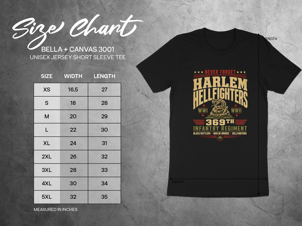 Size chart for Bella + Canvas 3001 unisex jersey tee with Harlem Hellfighters graphic.