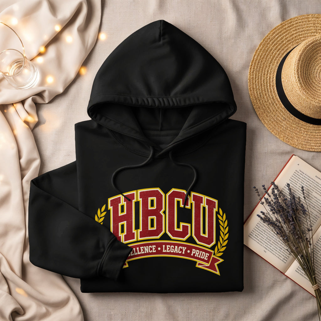 Black hoodie with "HBCU Excellence Legacy Pride" text and laurel wreath.