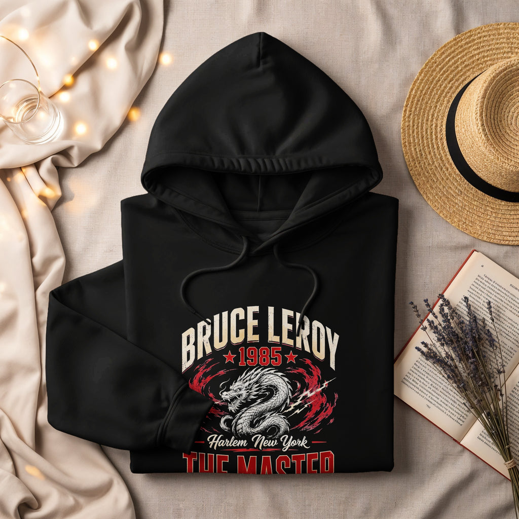 Black hoodie with Bruce Leroy 1985, dragon, Harlem New York, The Masted graphic.