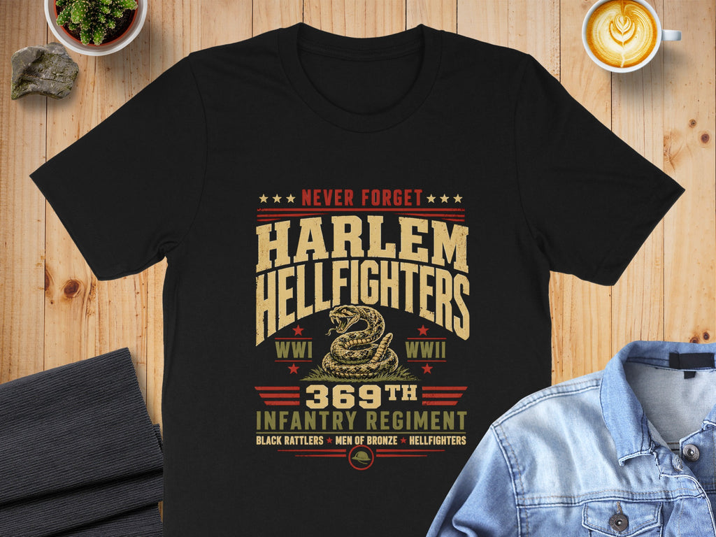 Black t-shirt with Harlem Hellfighters WWI/WWII 369th Infantry Regiment design.