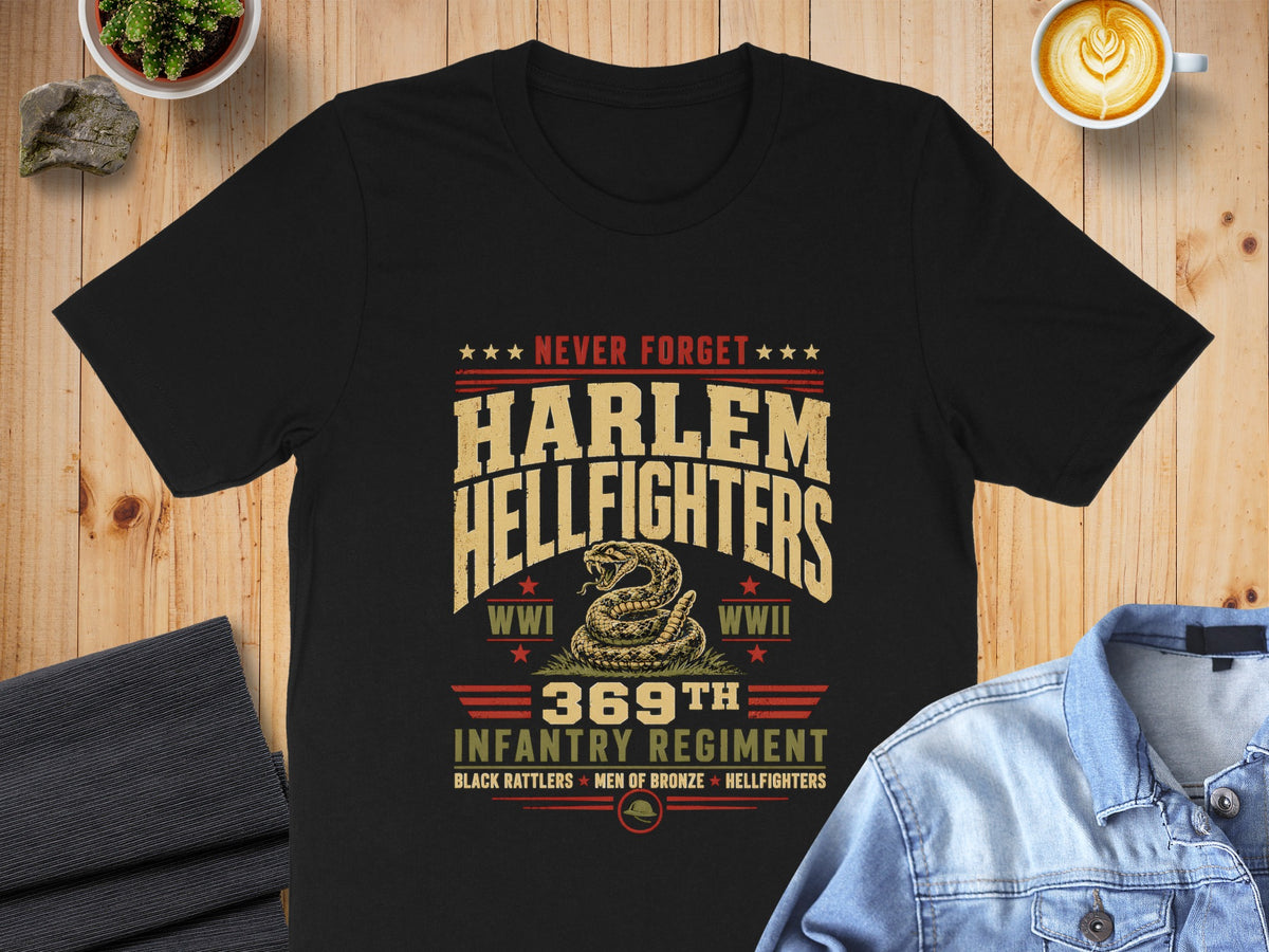 Black t-shirt with Harlem Hellfighters WWI/WWII 369th Infantry Regiment design.