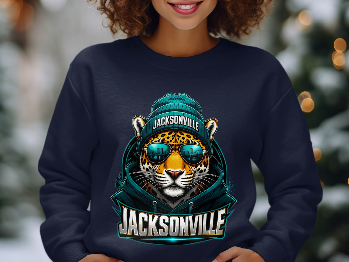 Jacksonville Jaguar with beanie and sunglasses on a dark blue sweatshirt.