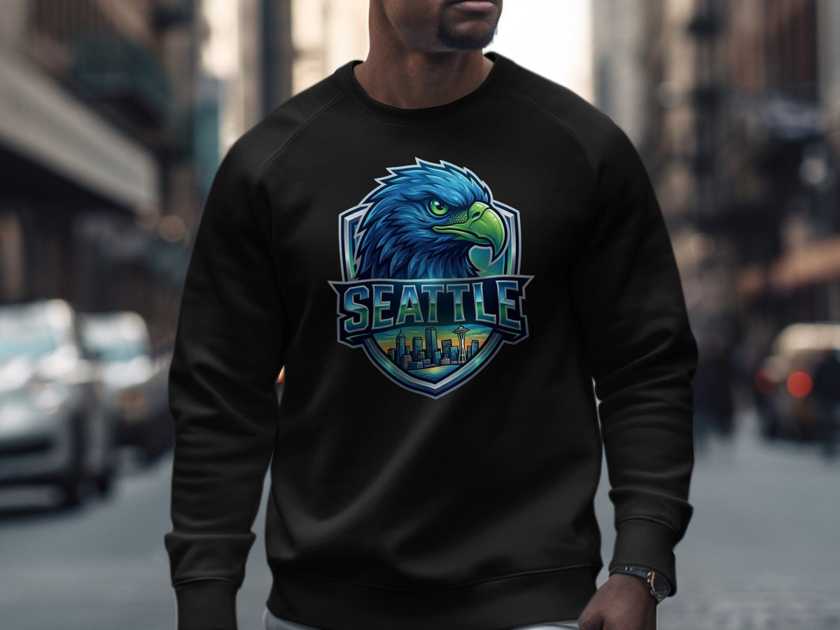 Black sweatshirt with a Seattle skyline and eagle logo.