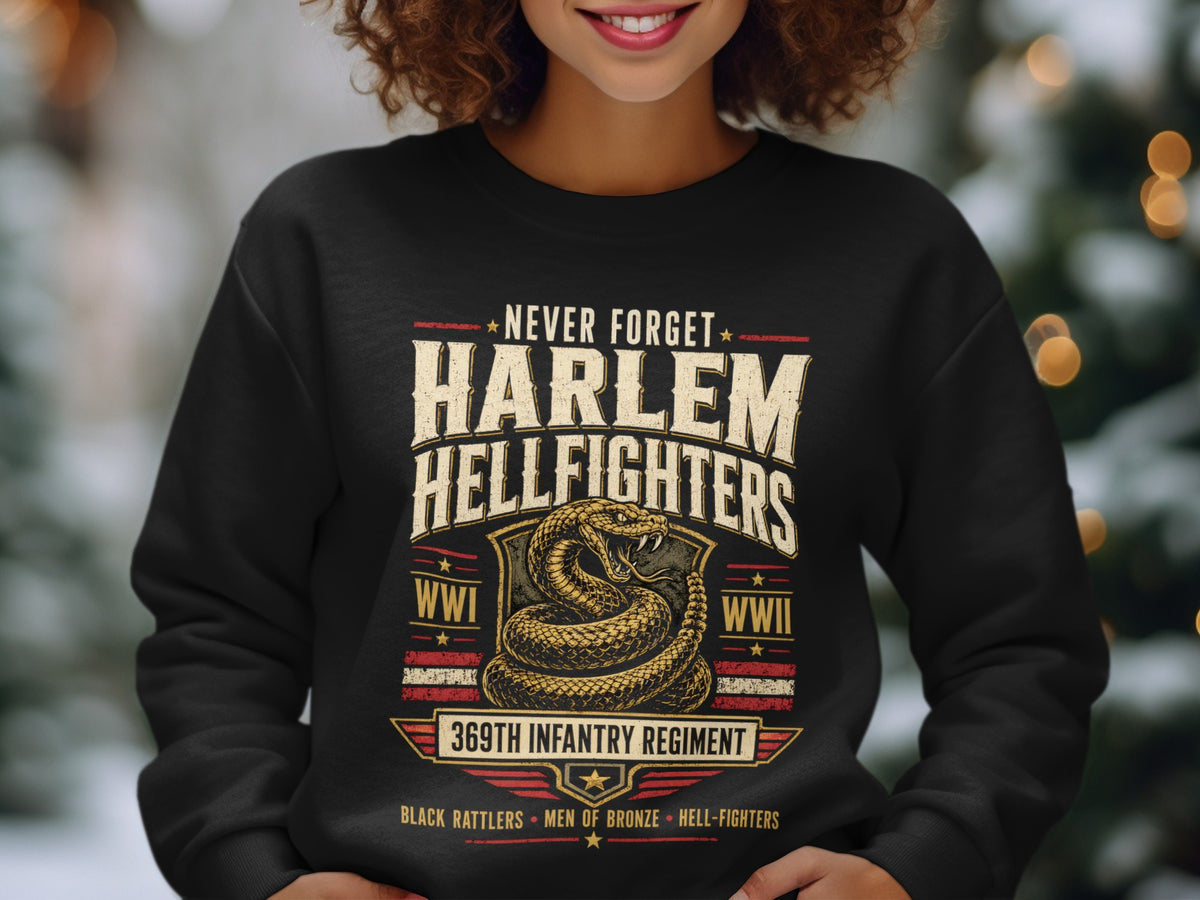 Black sweatshirt with Harlem Hellfighters WWI WWII 369th Infantry Regiment graphic.