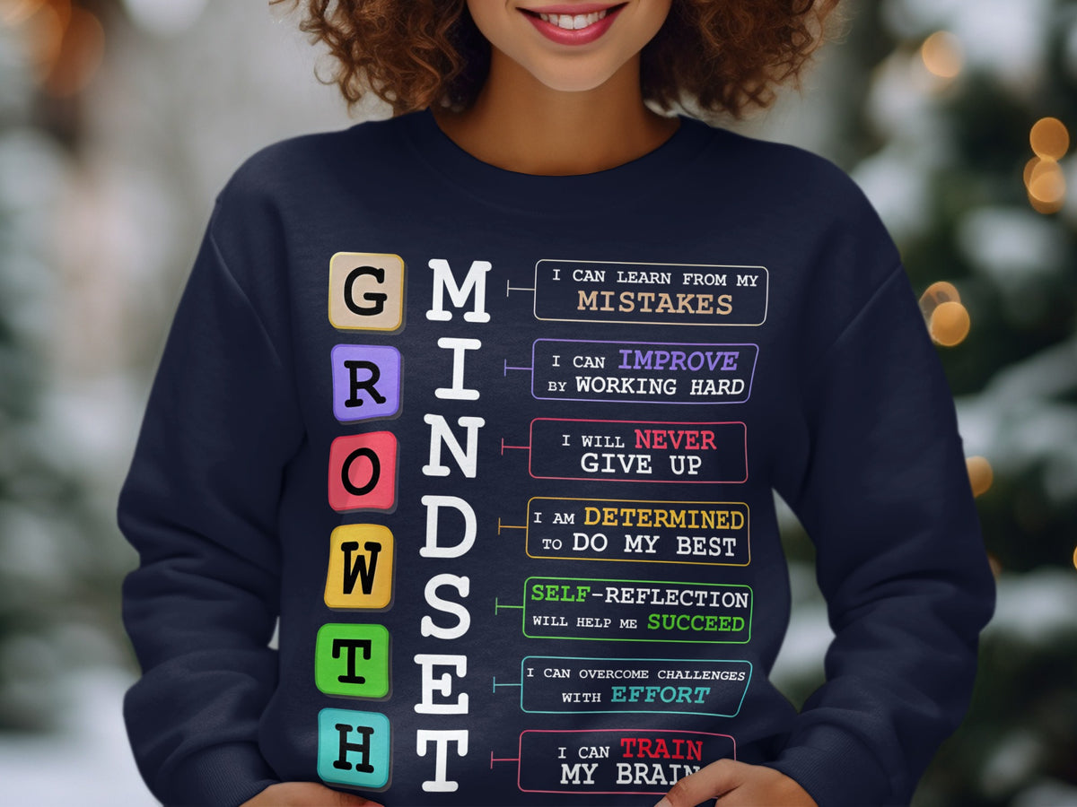 Navy sweatshirt with "GROWTH MINDSET" spelled out with colorful letter blocks and motivational phrases.
