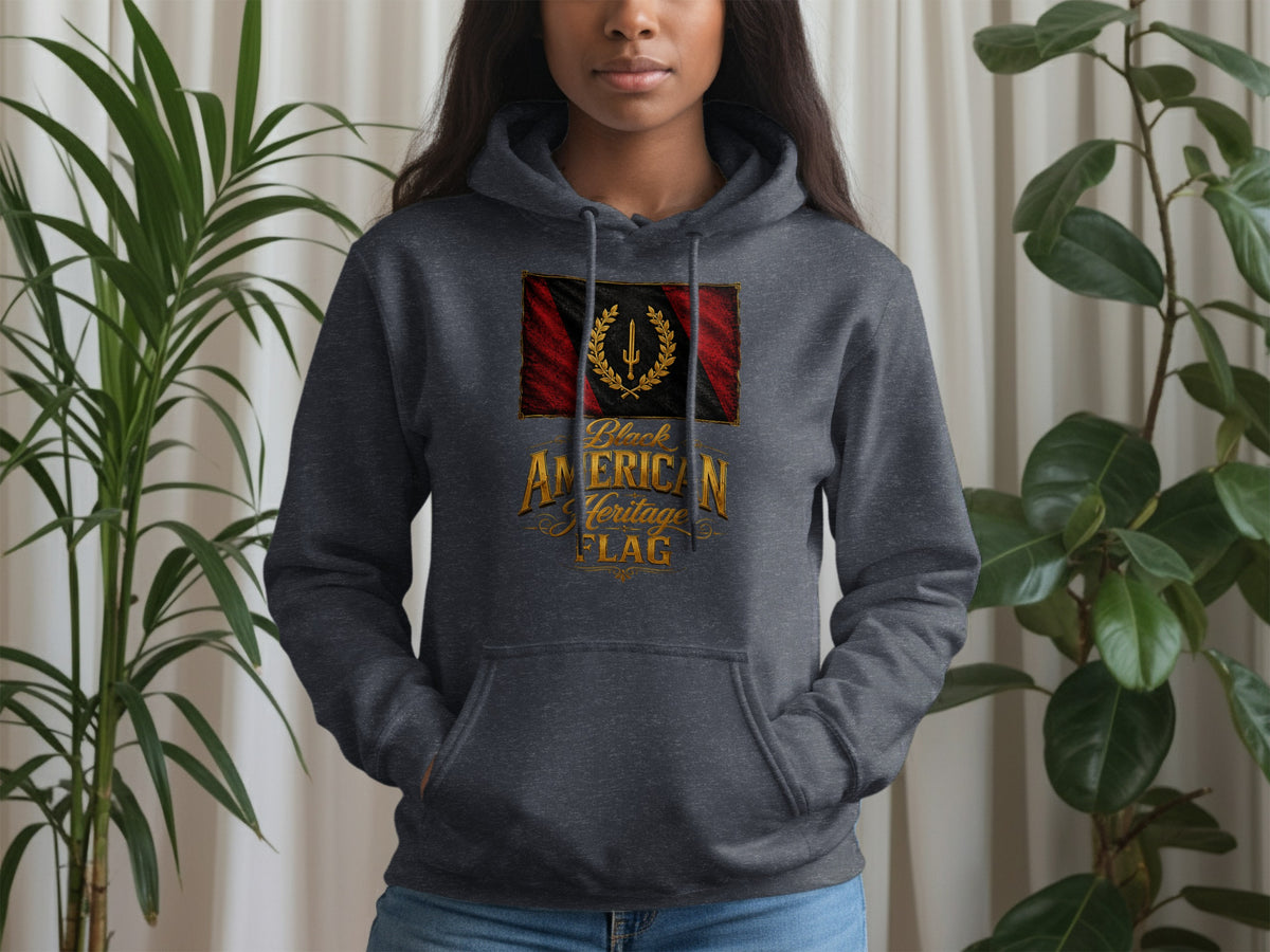 Dark gray hoodie featuring the Black American Heritage Flag design on the chest.