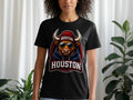 Black t-shirt with a cartoon bull wearing sunglasses and a beanie with "Houston" text.