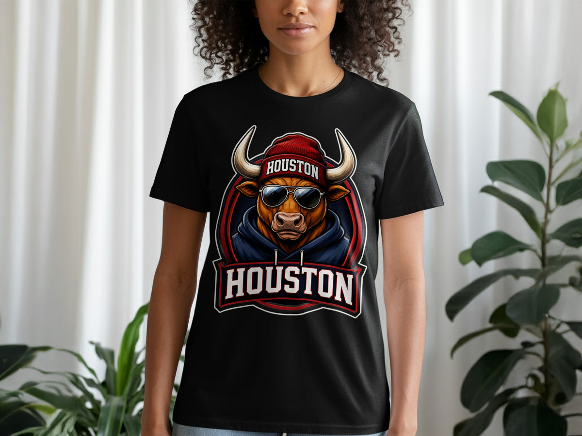 Black t-shirt with a cartoon bull wearing sunglasses and a beanie with "Houston" text.