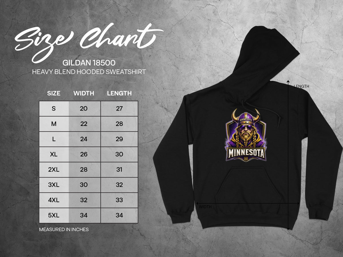 Gildan 18500 Heavy Blend hooded sweatshirt size chart with width and length measurements.
