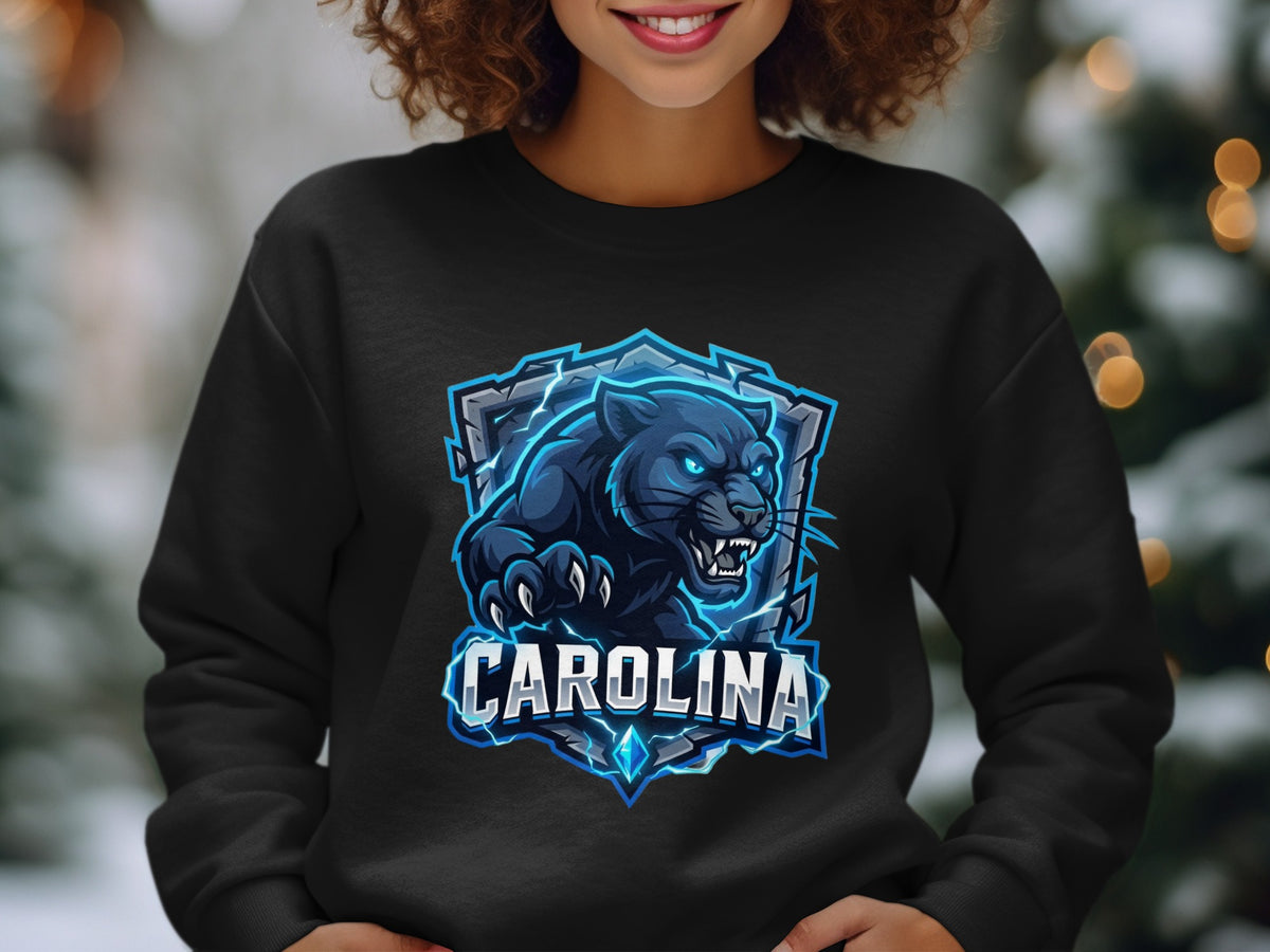 Black sweatshirt with a blue panther logo and "CAROLINA" text.