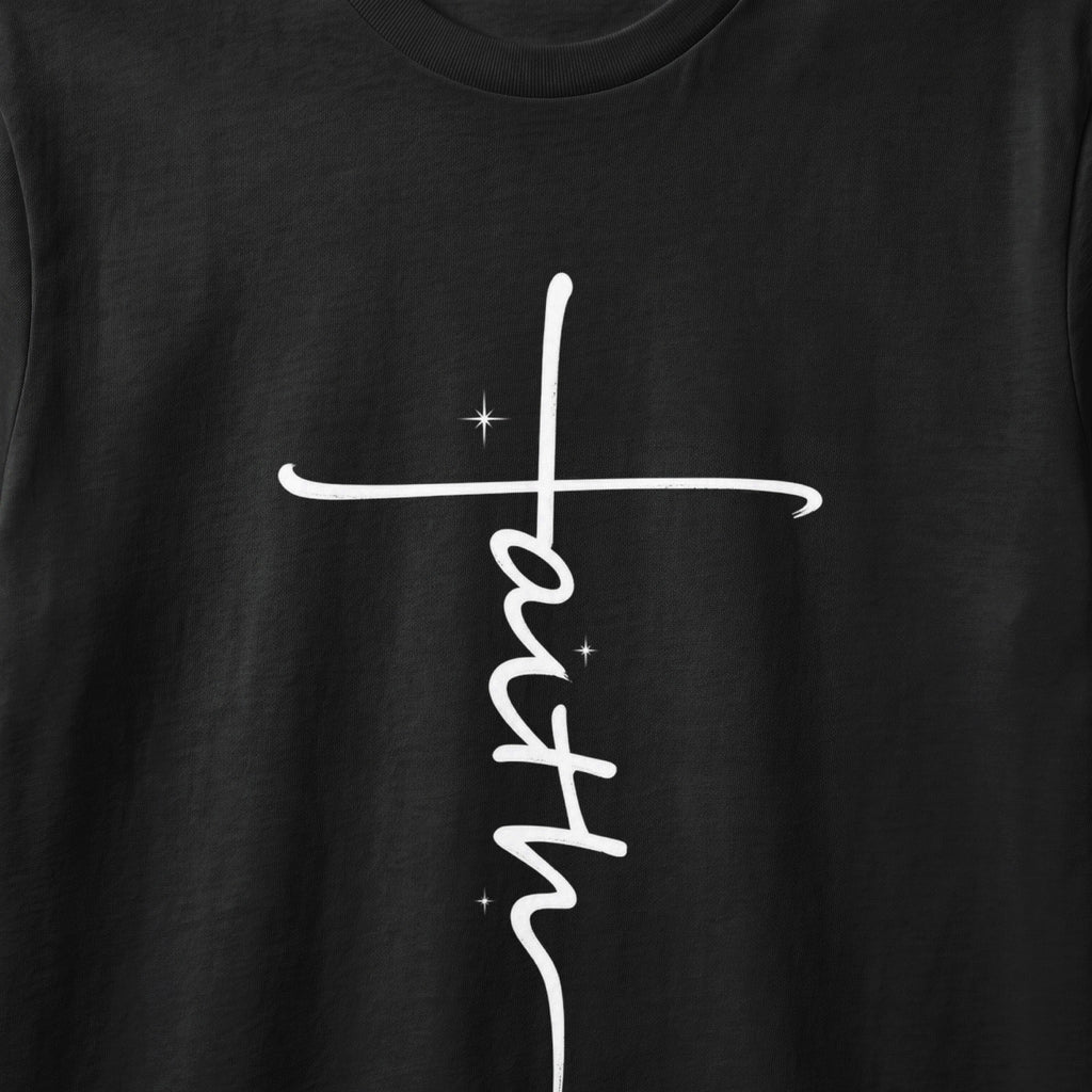 Black t-shirt with white cursive "faith" text forming a cross.