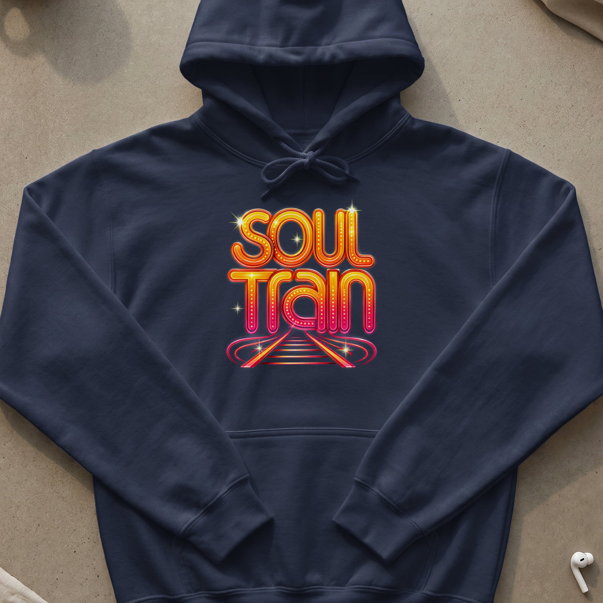 Navy hoodie with "Soul Train" text graphic featuring a stylized road and light effects.