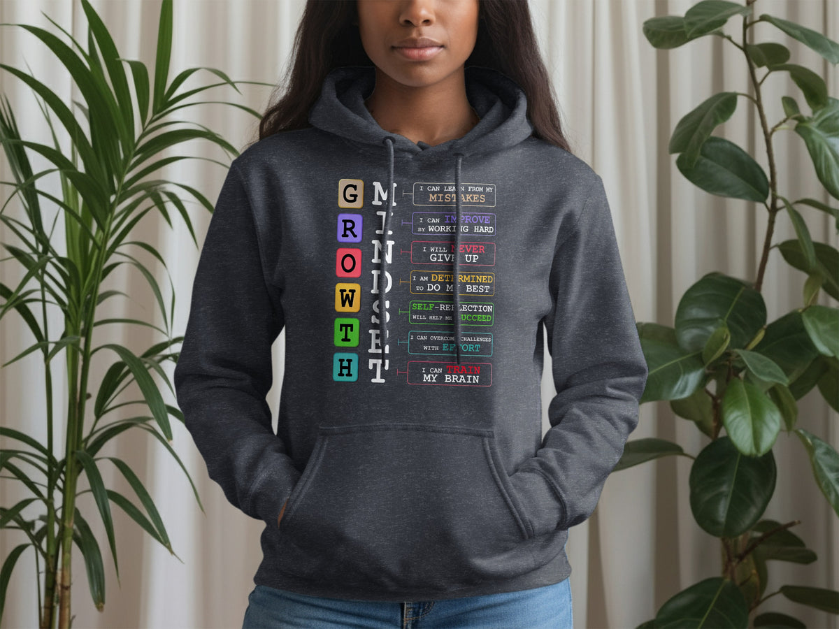 Dark grey hoodie with "GROWTH MINDSET" text and motivational phrases.