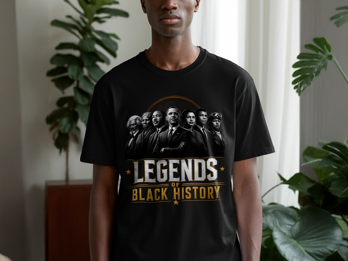 Black t-shirt with "Legends of Black History" featuring portraits of historical figures.