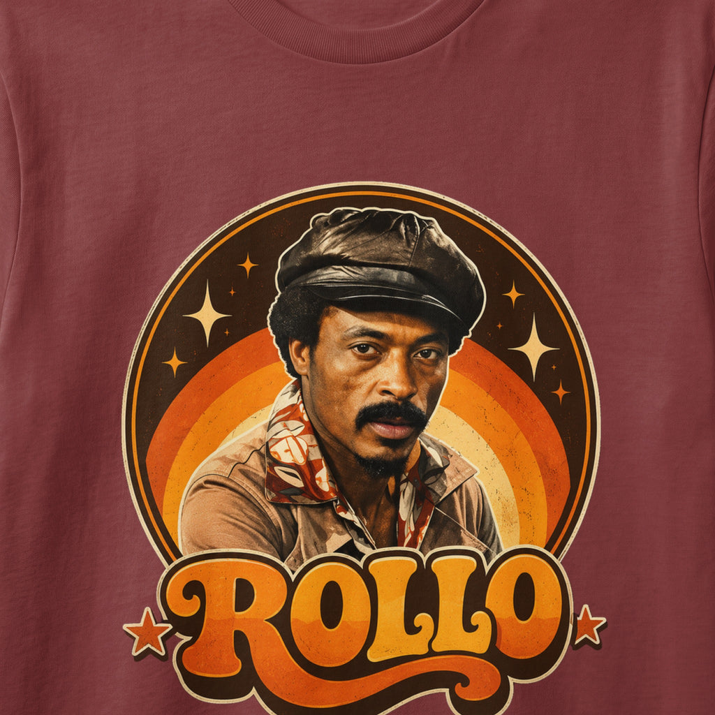 Retro graphic with "ROLLO" text and a portrait of a man in a cap.