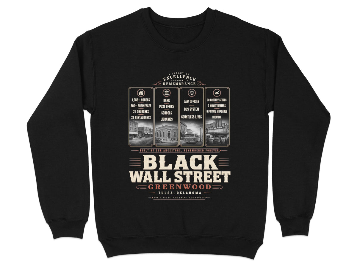 Black Wall Street Greenwood Tulsa Oklahoma design with historical businesses and statistics.