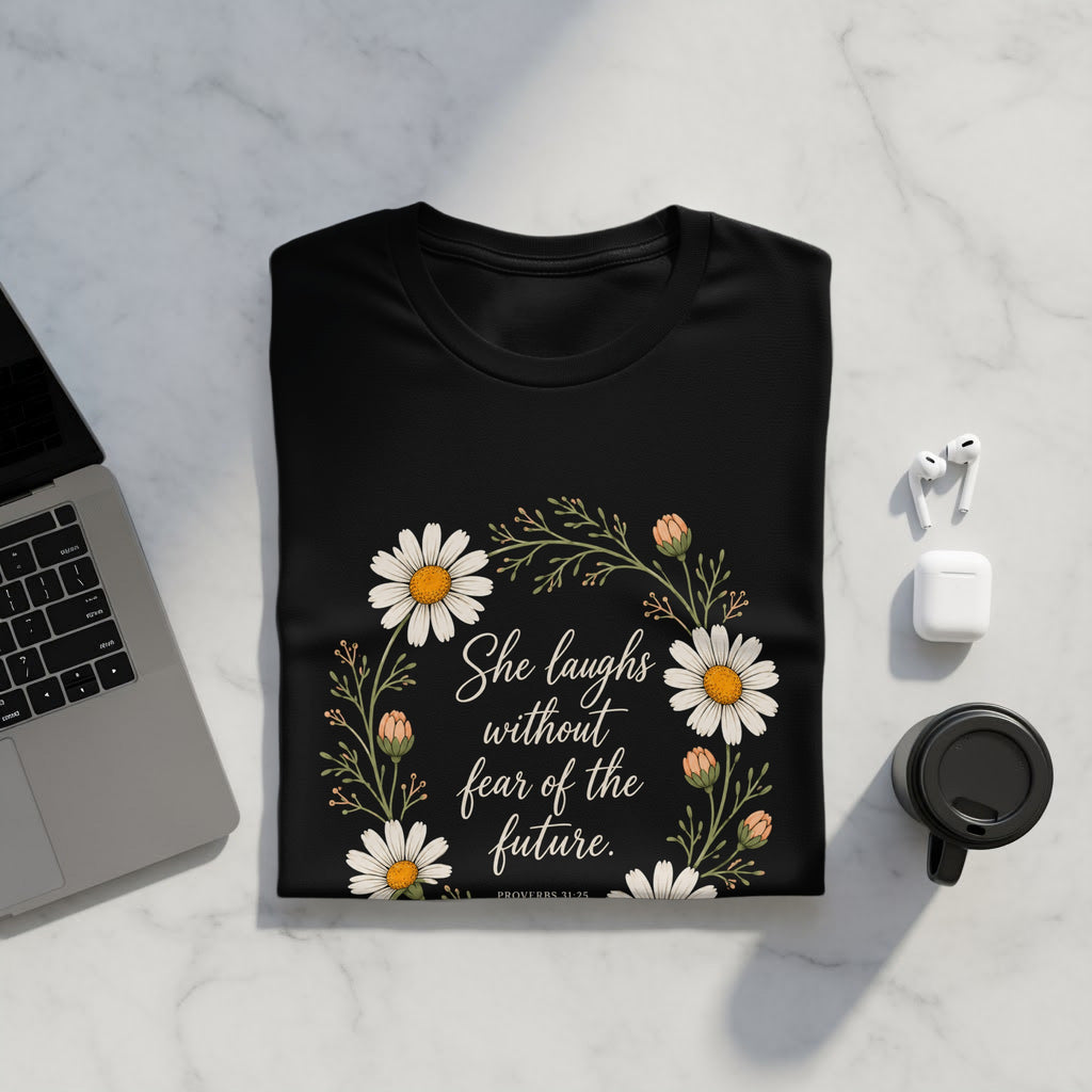 Black t-shirt with floral wreath and text "She laughs without fear of the future."