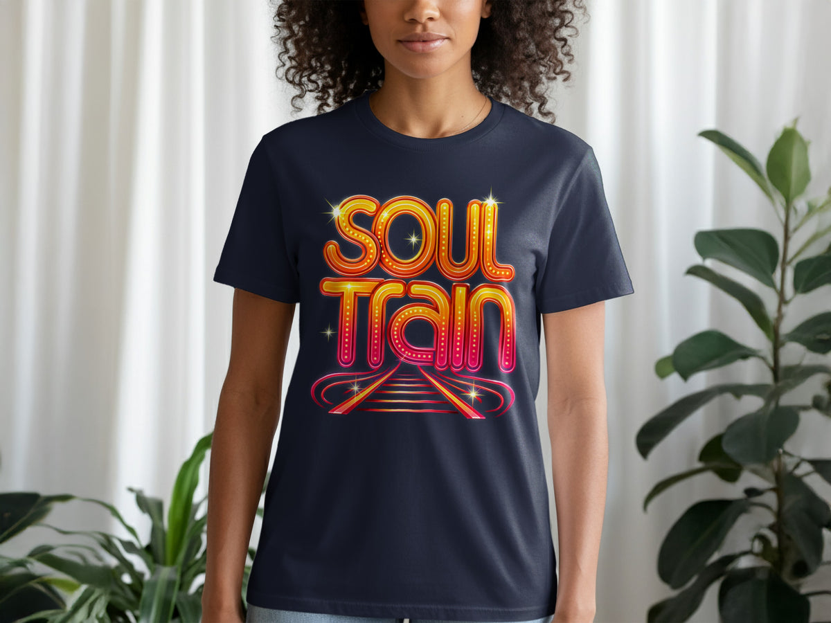 Dark blue t-shirt with "Soul Train" in colorful neon lights and a stylized train track.