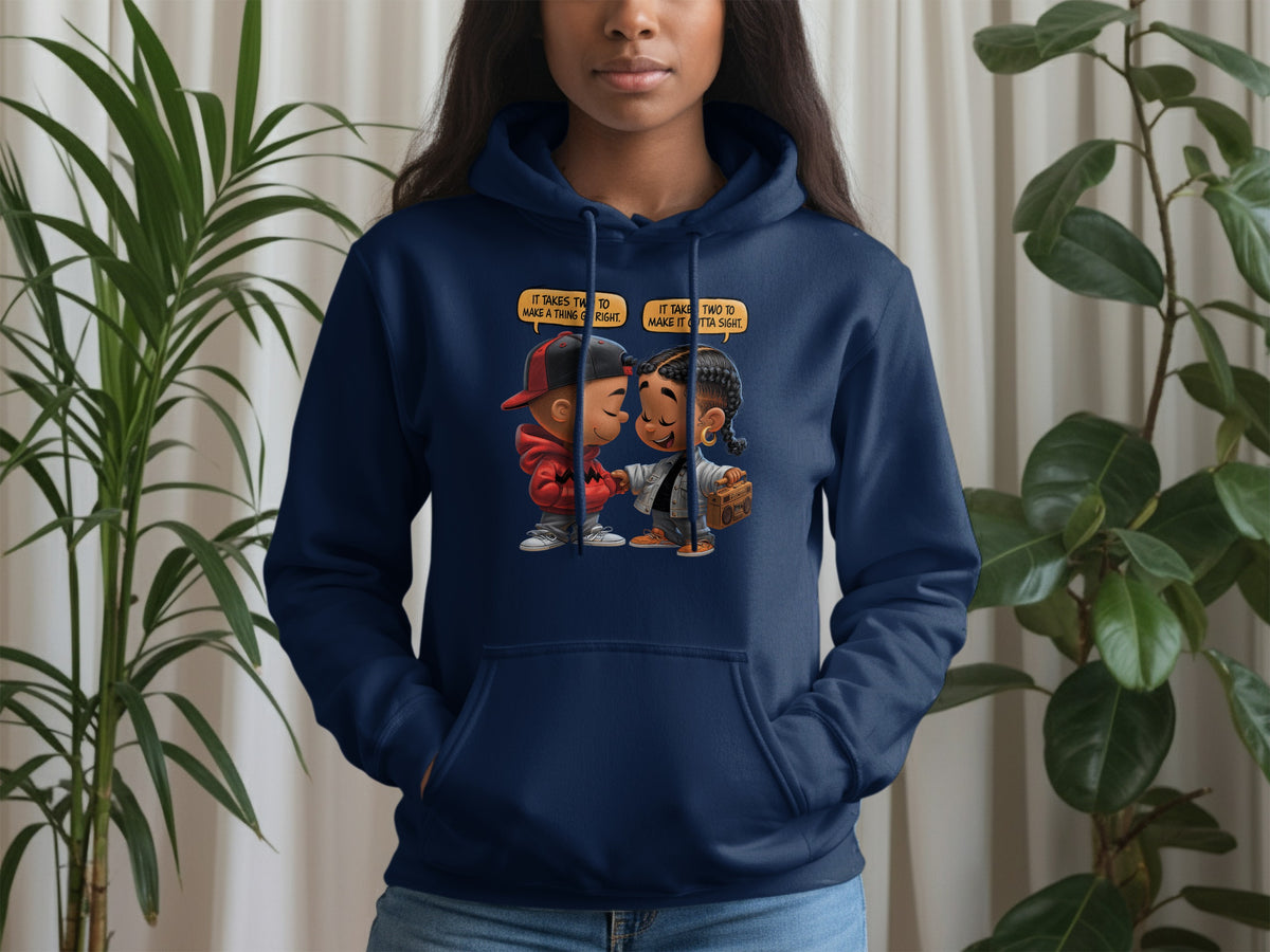 Navy hoodie with cartoon children shaking hands and dialogue bubbles.