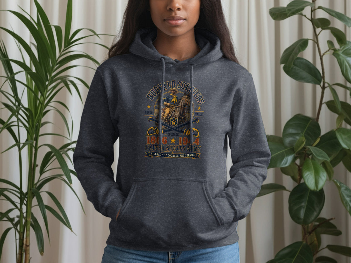 Dark gray hoodie with Buffalo Soldiers design featuring a cavalryman and the years 1866-1944.