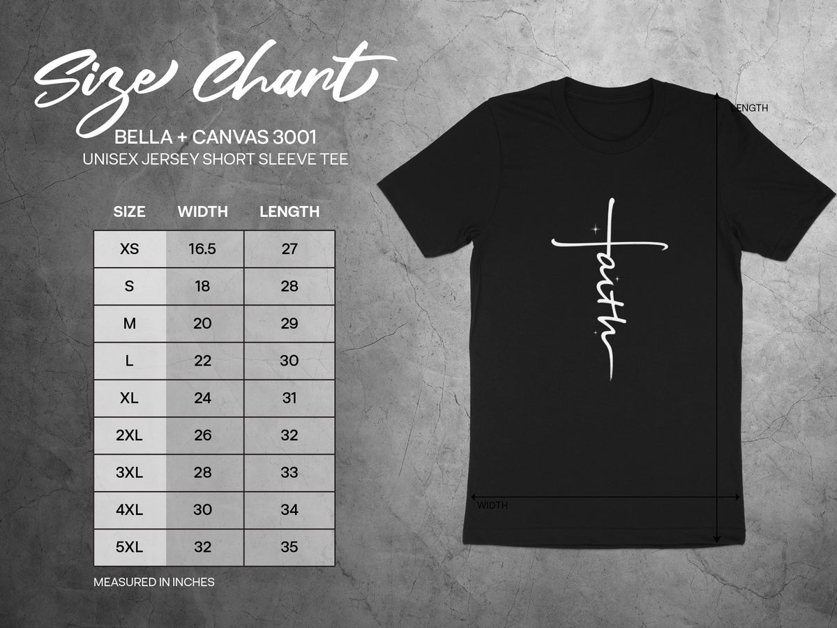 BELLA + CANVAS 3001 unisex jersey tee size chart with width and length measurements in inches.