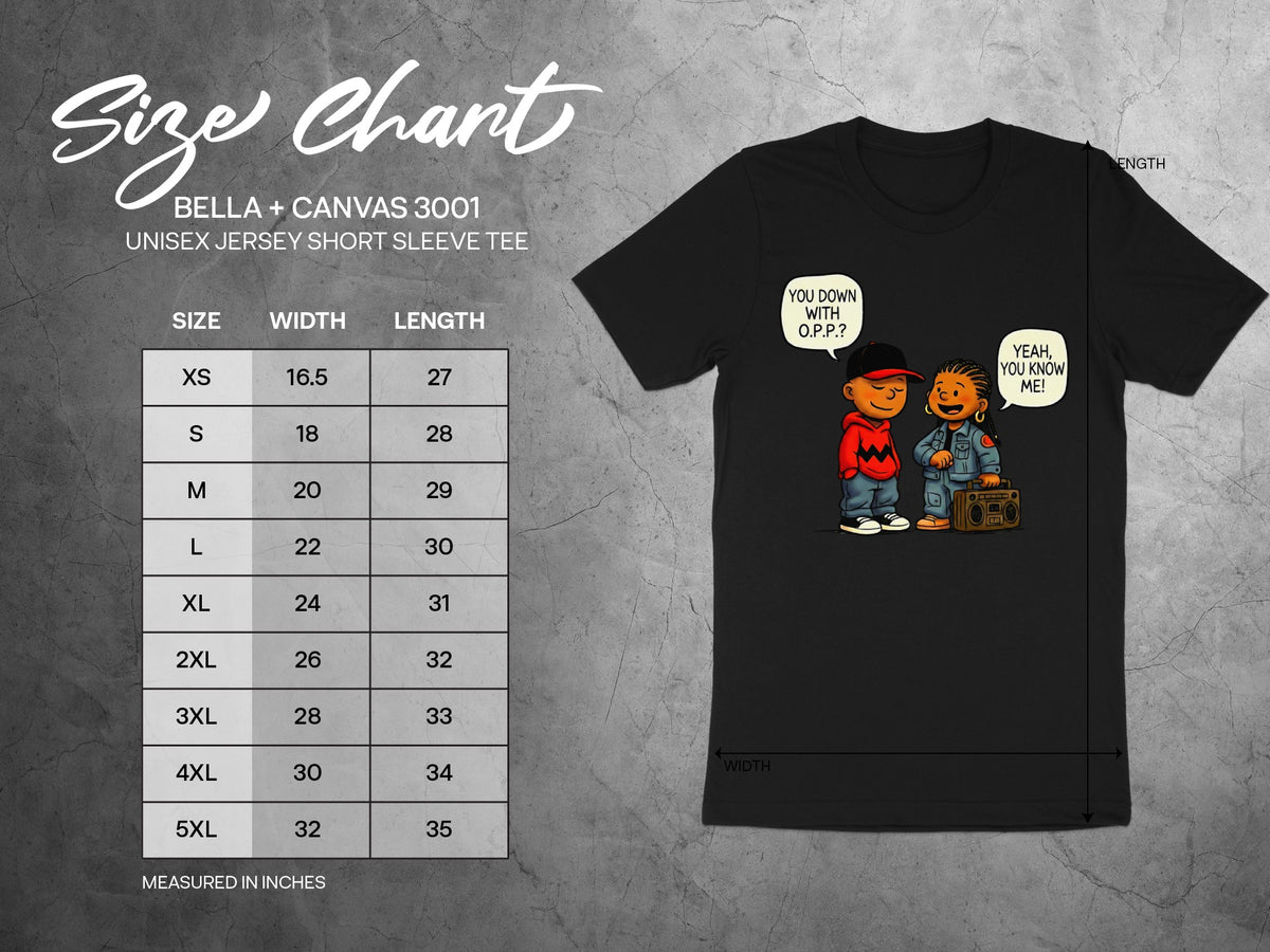 Size chart for Bella + Canvas 3001 unisex tee showing size, width, and length measurements.