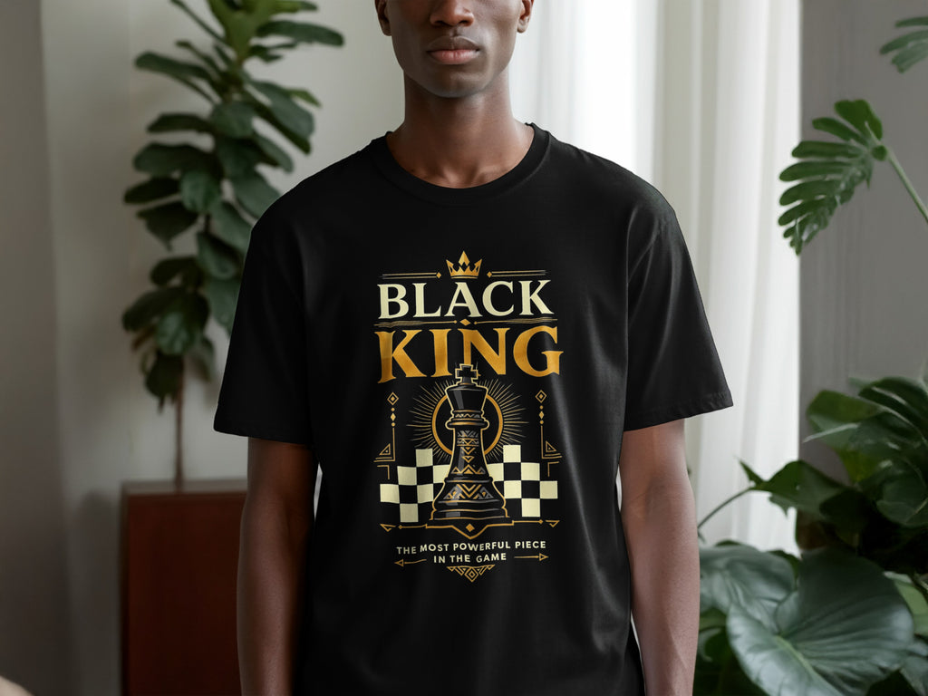 Black t-shirt with "BLACK KING" text and a chess king graphic.