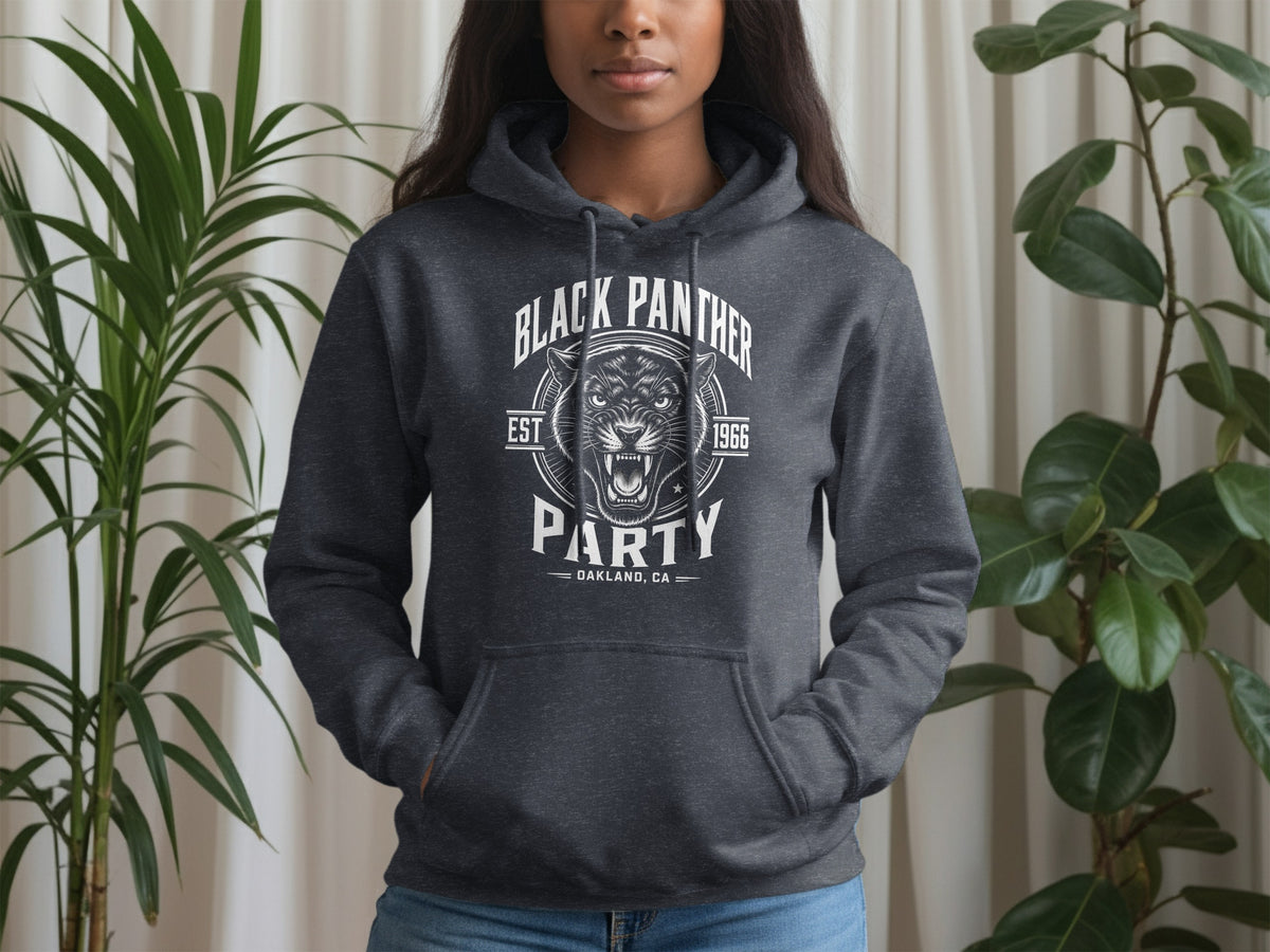 Dark gray hoodie with Black Panther Party Oakland, CA graphic and est. 1966.