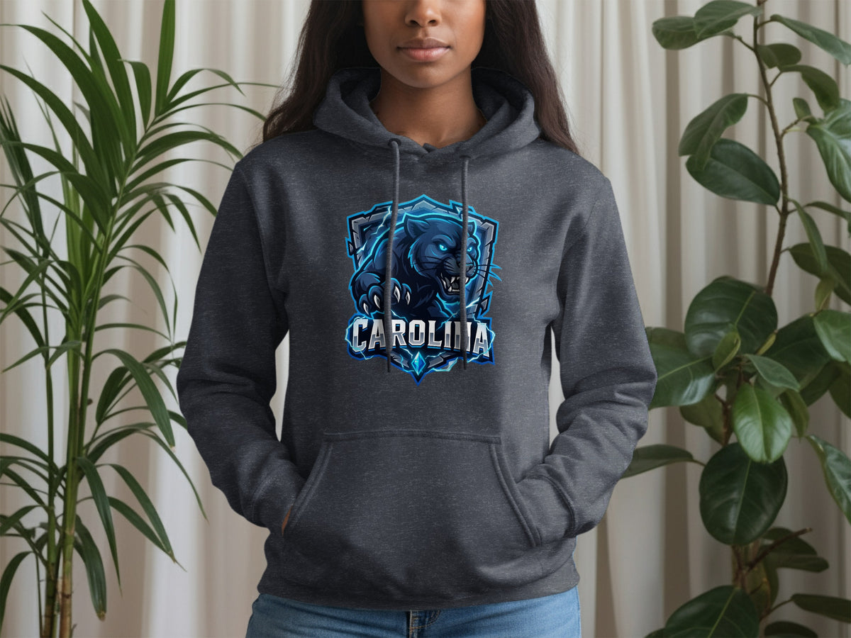Dark grey hoodie with a blue panther emblem and "CAROLINA" text.