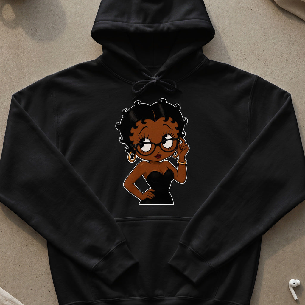 Black hoodie featuring a cartoon character with glasses.