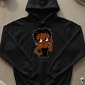 Black hoodie featuring a cartoon character with glasses.