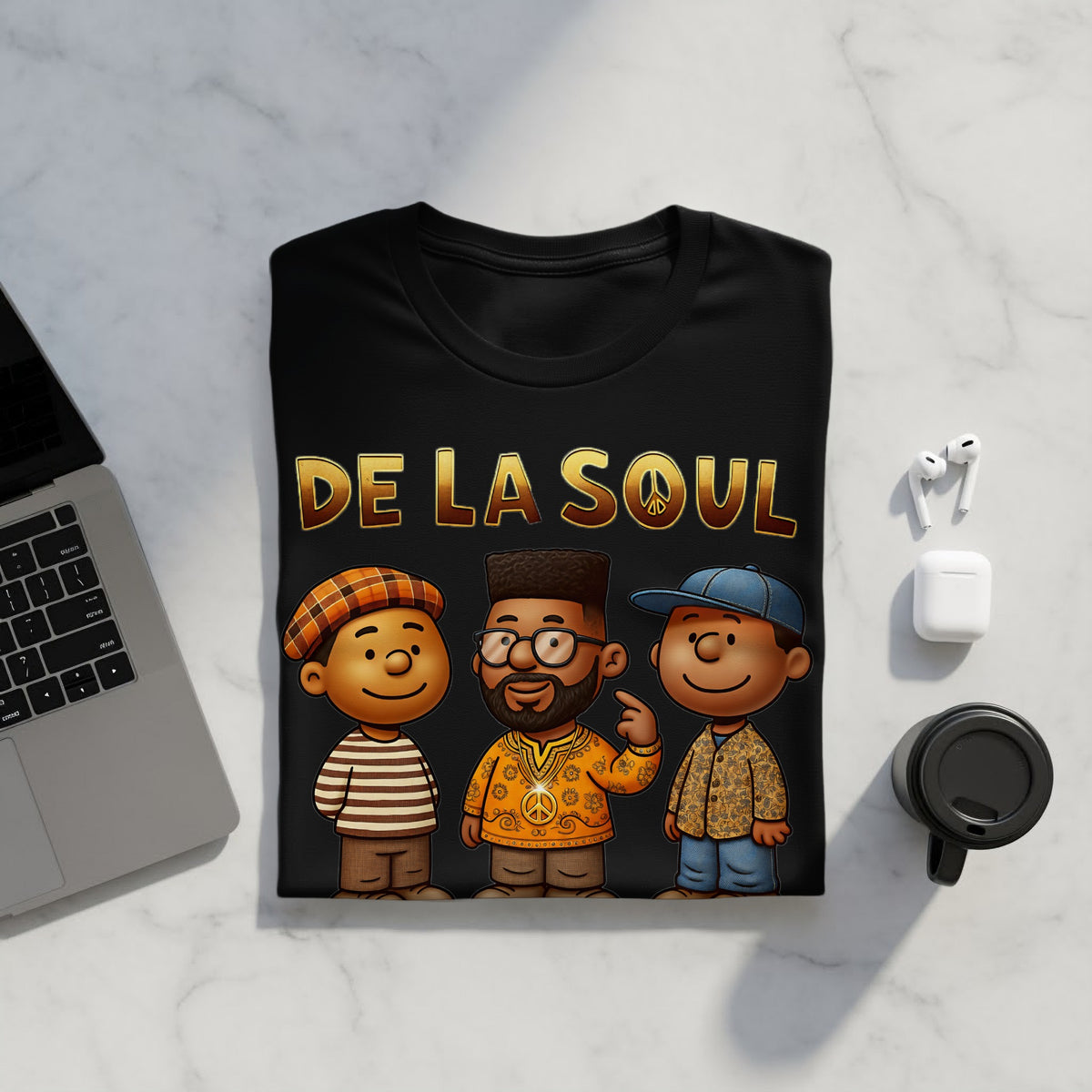 Black t-shirt with De La Soul logo and three cartoon figures.