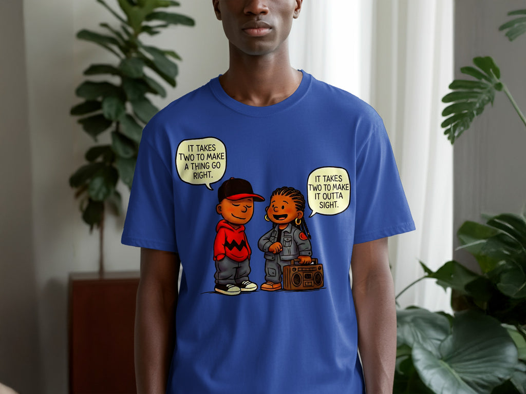 Blue t-shirt with cartoon of two children, one with a boombox, and speech bubbles.