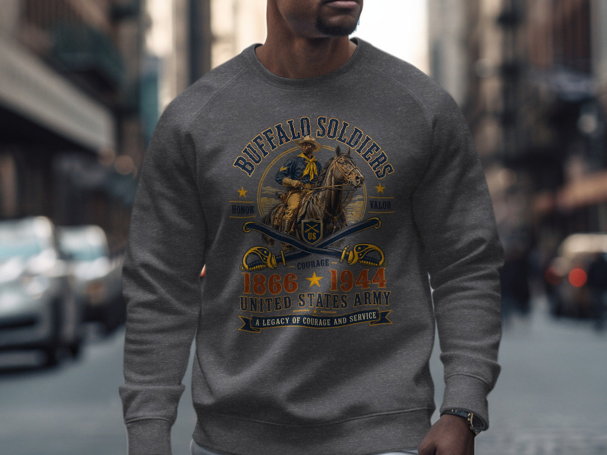 Buffalo Soldiers: 1866-1944 United States Army graphic on sweatshirt.