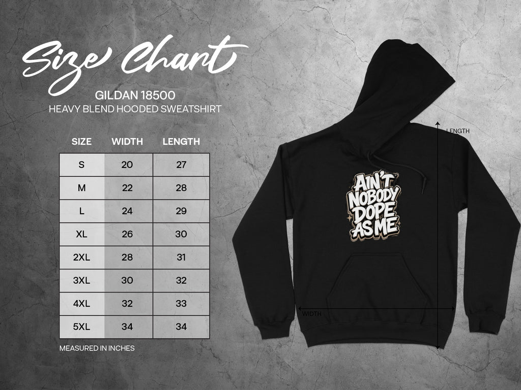 Gildan 18500 hooded sweatshirt size chart with width and length measurements.