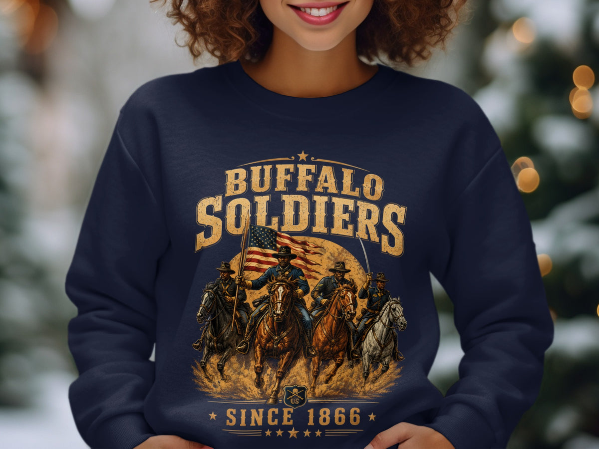 Buffalo Soldiers on horseback, US flag, and "Since 1866" text on a navy shirt.