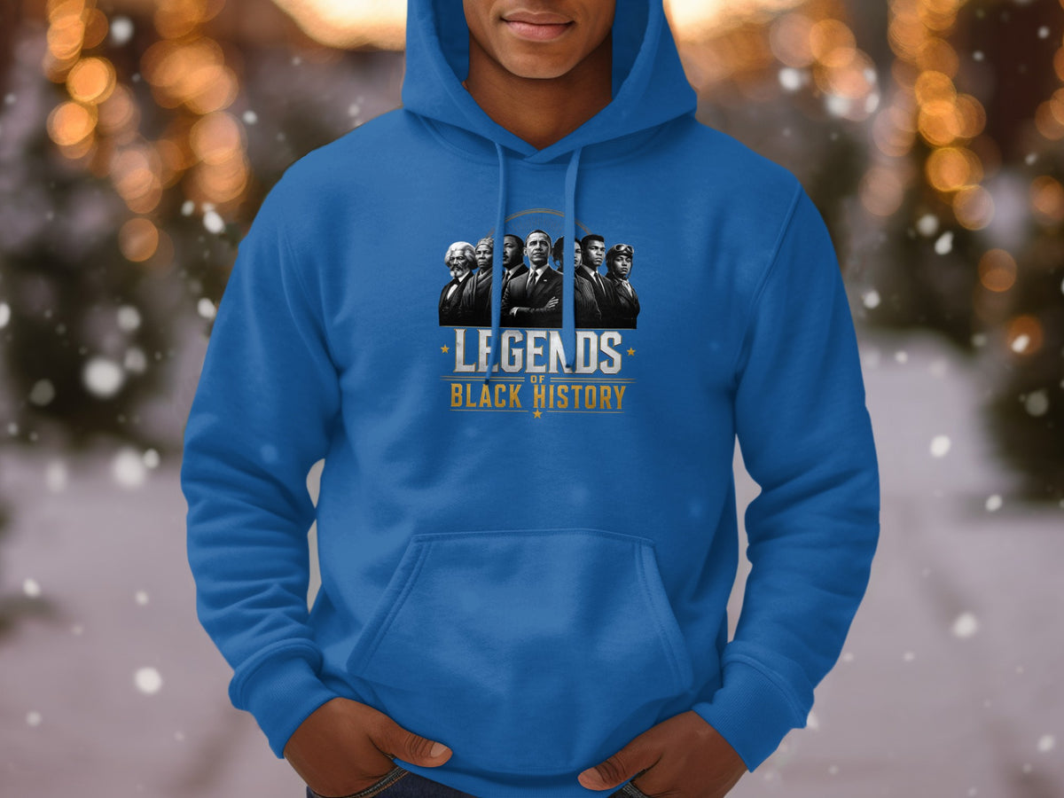 Blue hoodie with "Legends of Black History" graphic featuring historical figures.