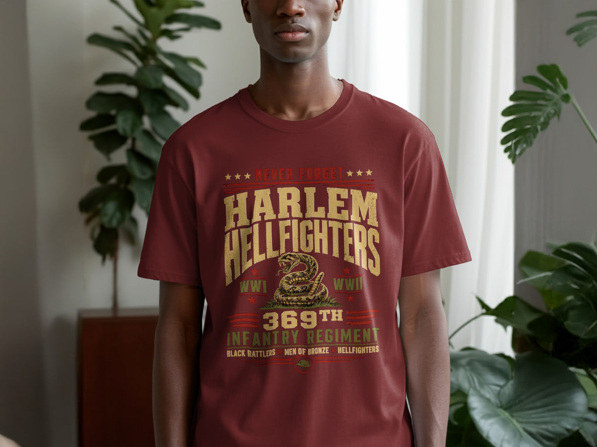 Maroon t-shirt with Harlem Hellfighters 369th Infantry Regiment WWI WWII design.