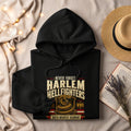 Black hoodie featuring "Never Forget Harlem Hellfighters WWII 369th Infantry Regiment" text.