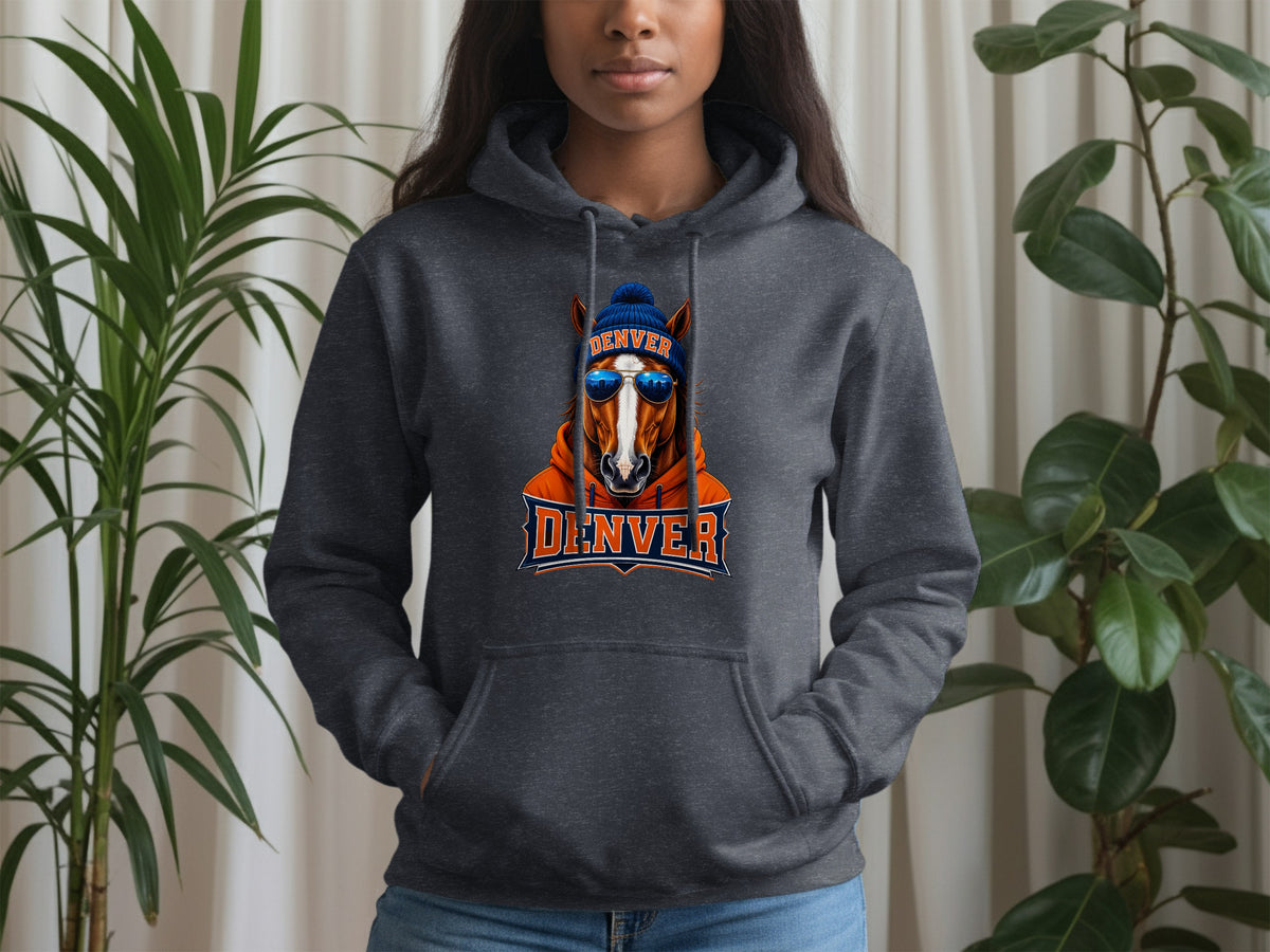 Dark gray hoodie with a horse wearing a beanie and sunglasses, with "Denver" text.