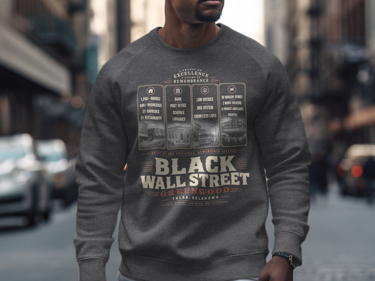 Dark grey sweatshirt with Black Wall Street Greenwood Tulsa Oklahoma graphic.