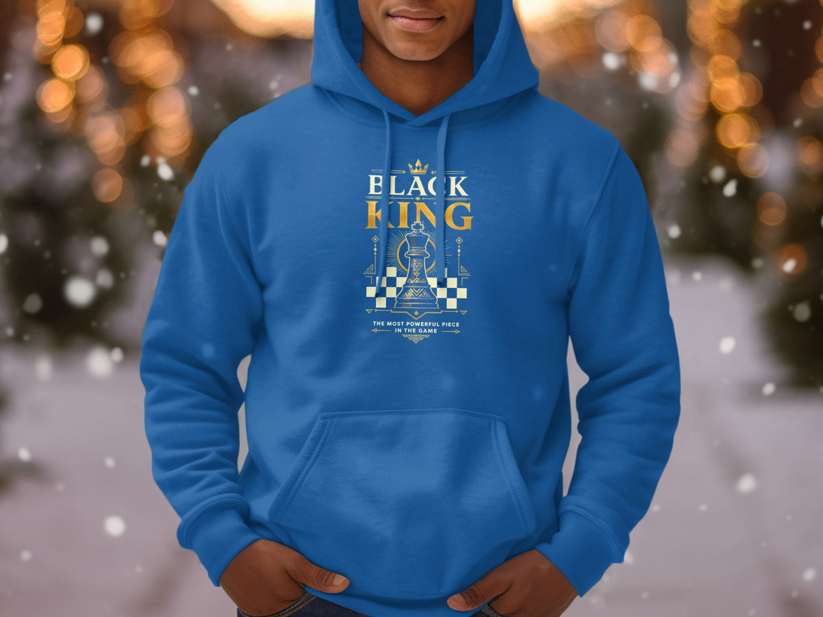 Blue hoodie with "BLACK KING" graphic and chess piece design.