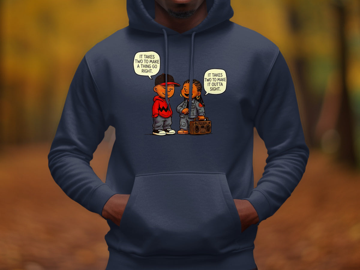 Cartoon of two figures with speech bubbles on a navy hoodie.
