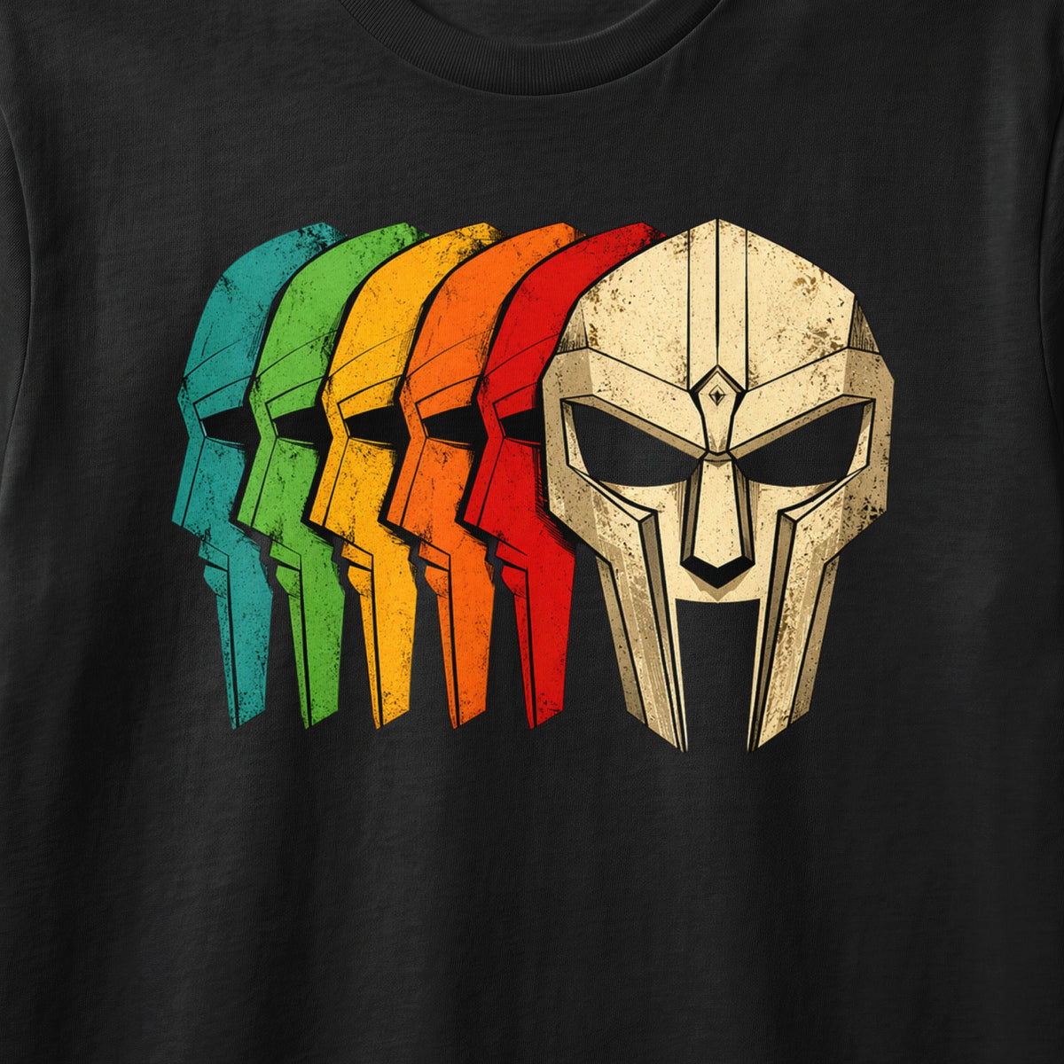 Retro-style graphic of multiple masks in a rainbow gradient.