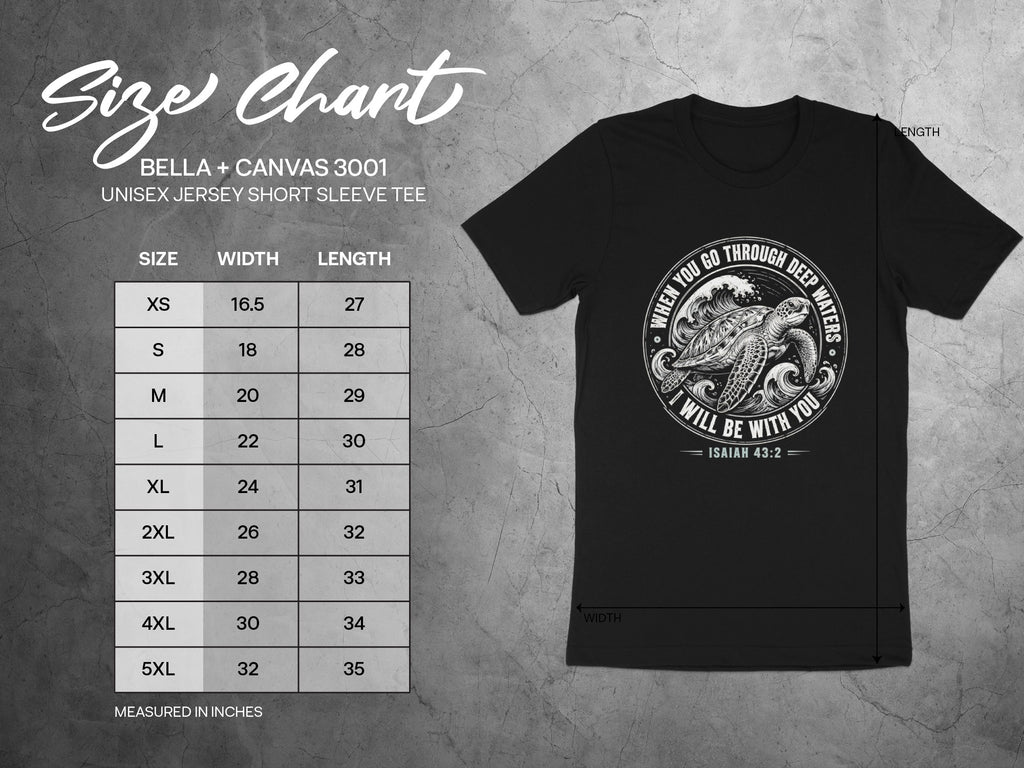 Size chart for Bella + Canvas 3001 unisex tee showing measurements in inches.