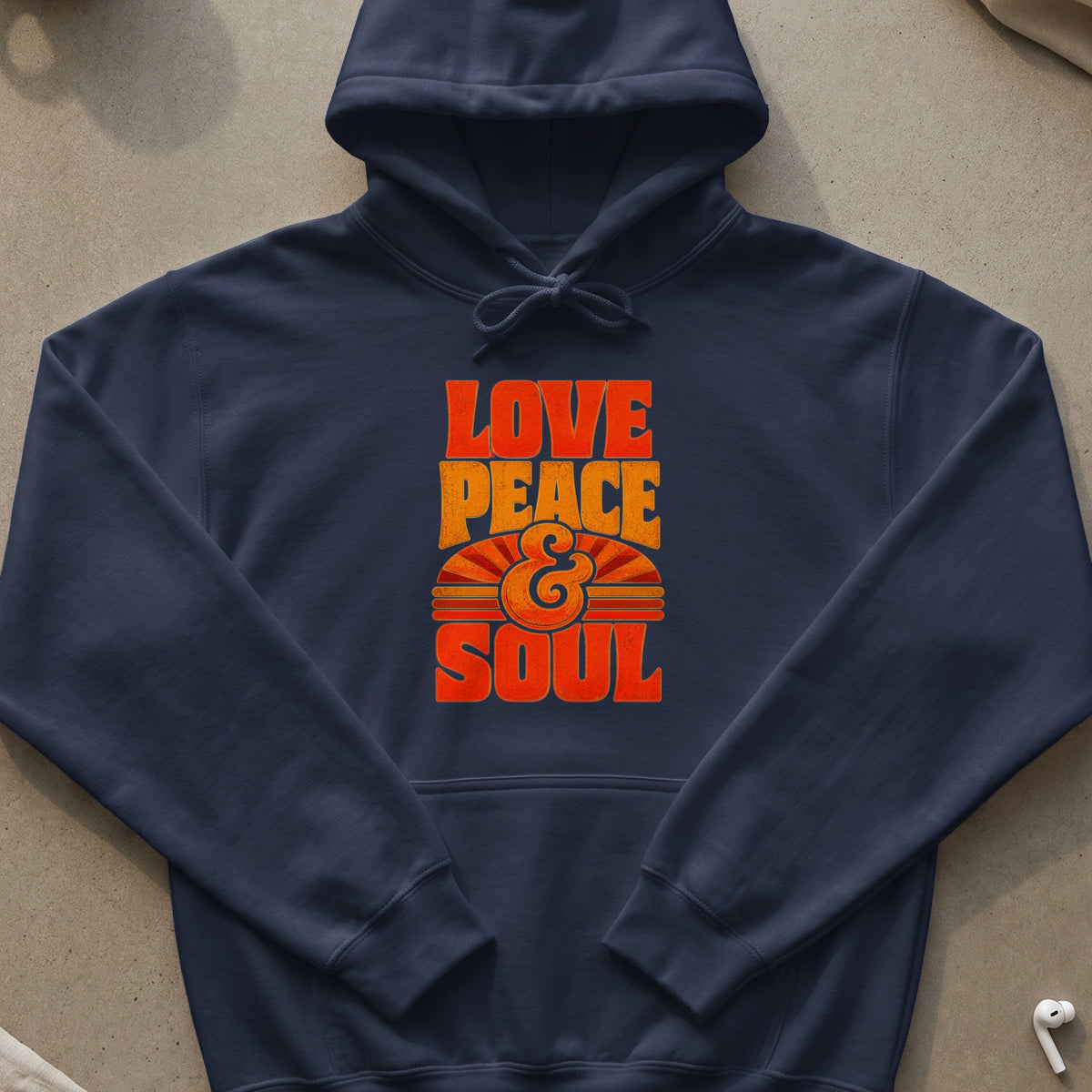 Navy hoodie with "Love Peace & Soul" graphic in distressed orange and yellow.